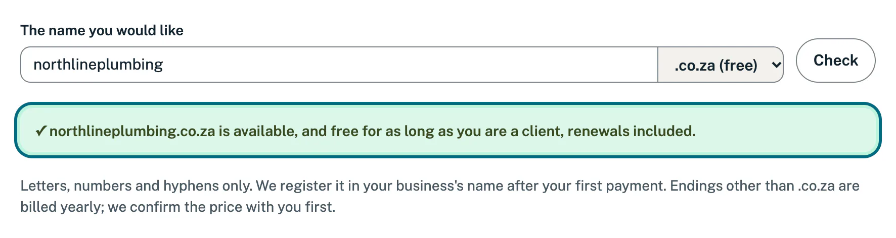 A new web address being checked, with a green line saying it is available and free while you are a client