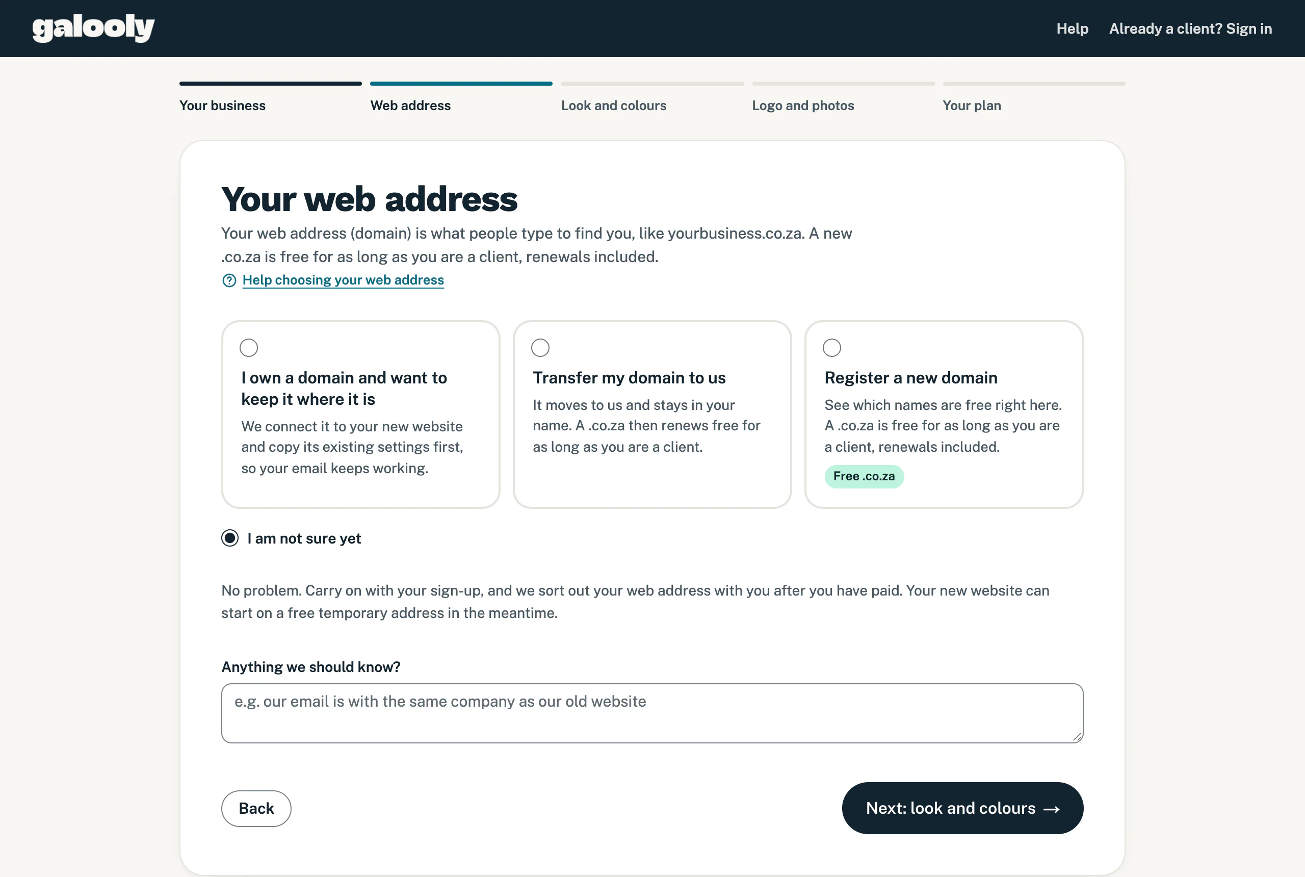 Sign-up step 2, Your web address, with the options to keep a domain, transfer it or register a new one