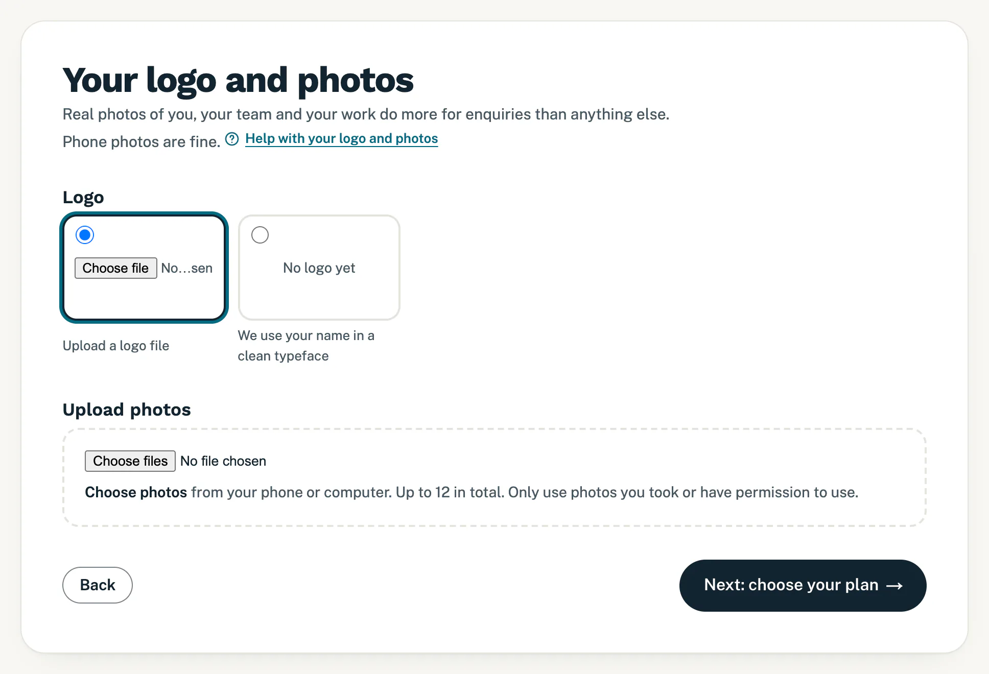 Sign-up step 4, Your logo and photos, with the logo choices and the photo upload