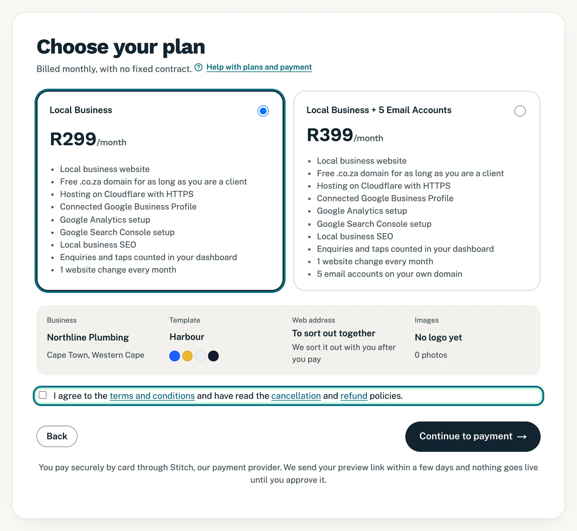Sign-up step 5, Choose your plan, with the plans, a summary of your choices and the terms box