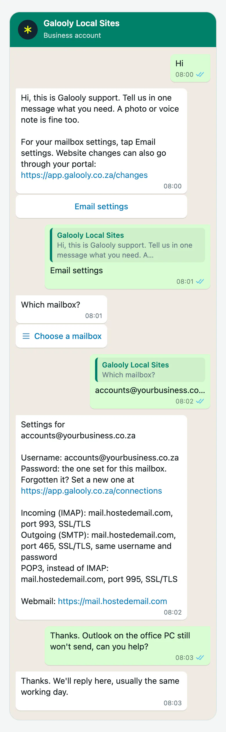 A WhatsApp chat where a client taps Email settings and gets the settings for a mailbox