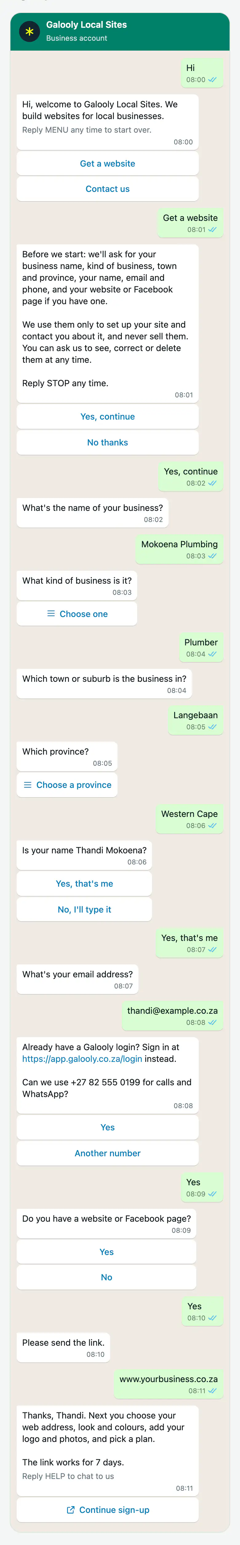 A WhatsApp chat asking for the business name, kind of business, town, name, email and phone, ending with a Continue sign-up button